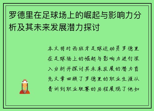 罗德里在足球场上的崛起与影响力分析及其未来发展潜力探讨